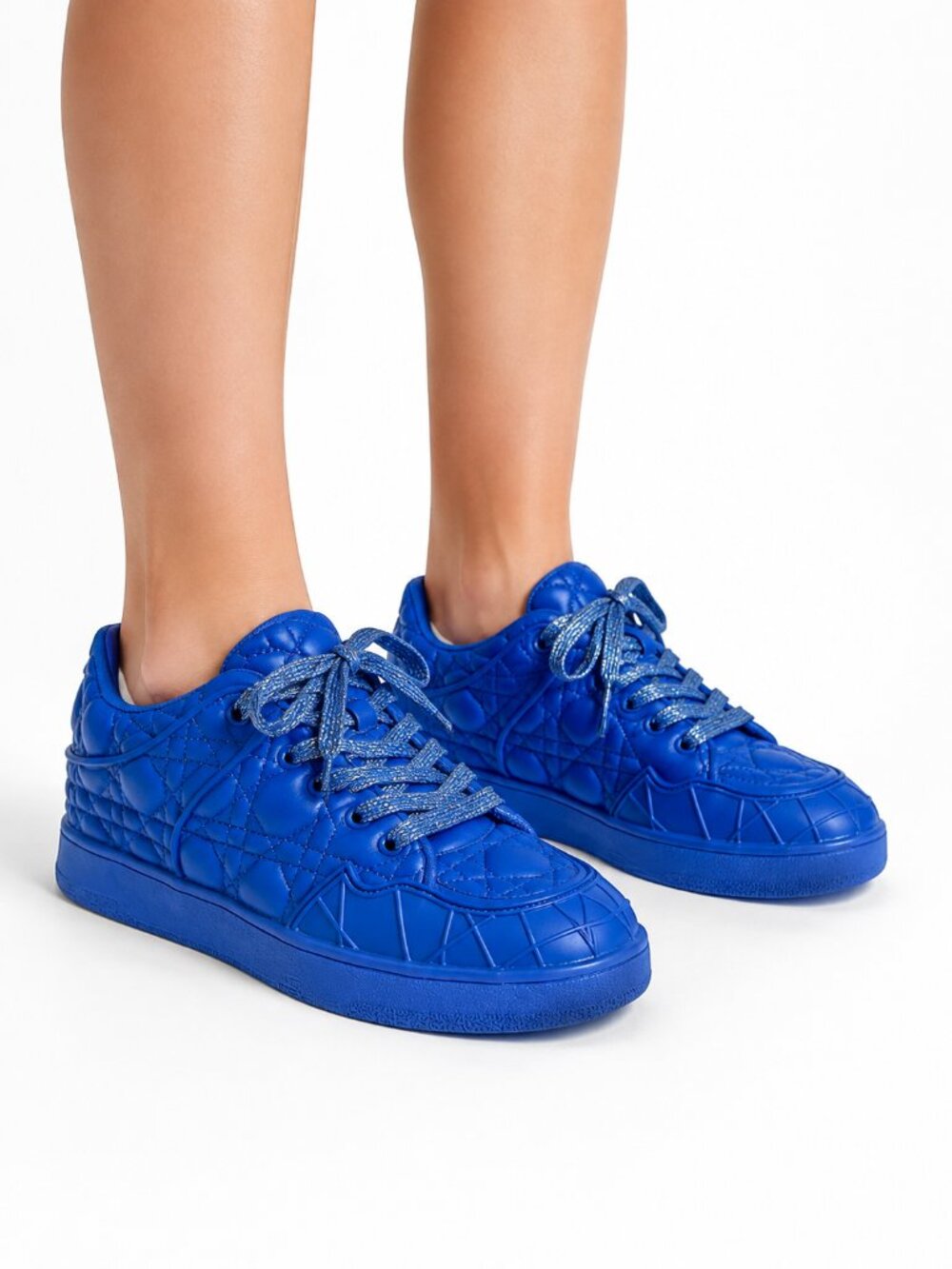 Women’s Royal Blue Quilted Low Top Sneakers with Glitter Laces, 7